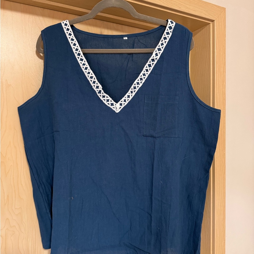 Sleeveless teal linen Tank with White Lace Trim. 24” long, 22” wide